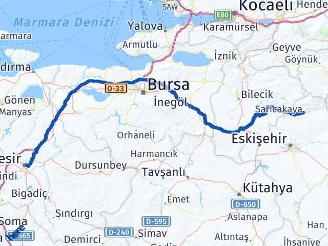Balıkesir Sarıcakaya Eskişehir Arası Kaç Km - Yol Haritası