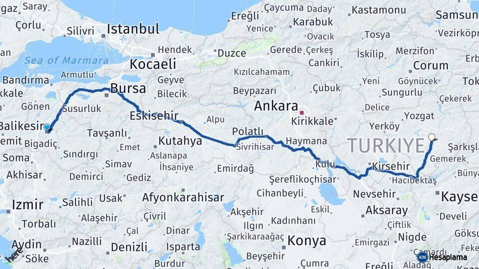 Balıkesir Sarıkaya Yozgat Arası Kaç Km - Yol Haritası