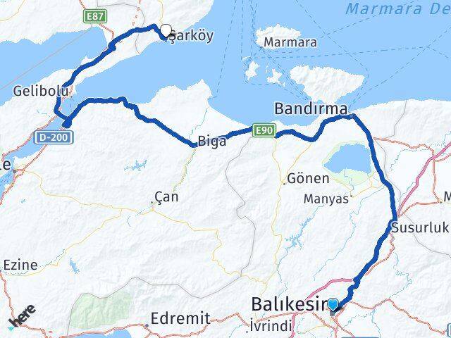Balıkesir Şarköy Tekirdağ Arası Kaç Km - Yol Haritası