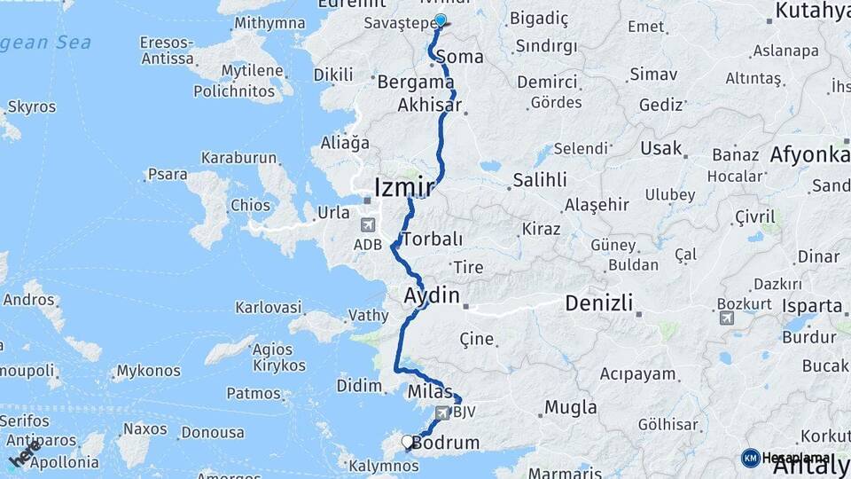 Balıkesir Savaştepe Bodrum Muğla Arası Kaç Km - Yol Haritası