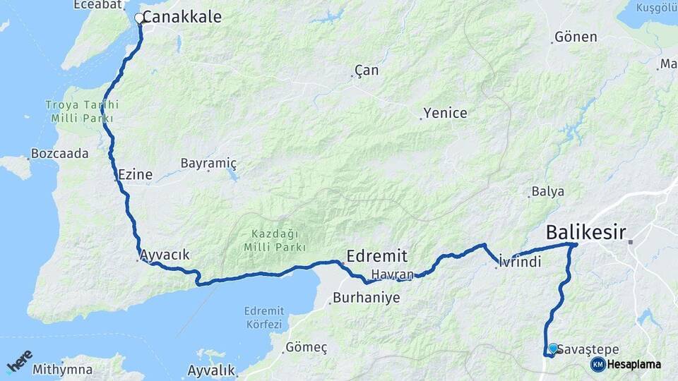 Balıkesir Savaştepe Çanakkale Arası Kaç Km - Yol Haritası