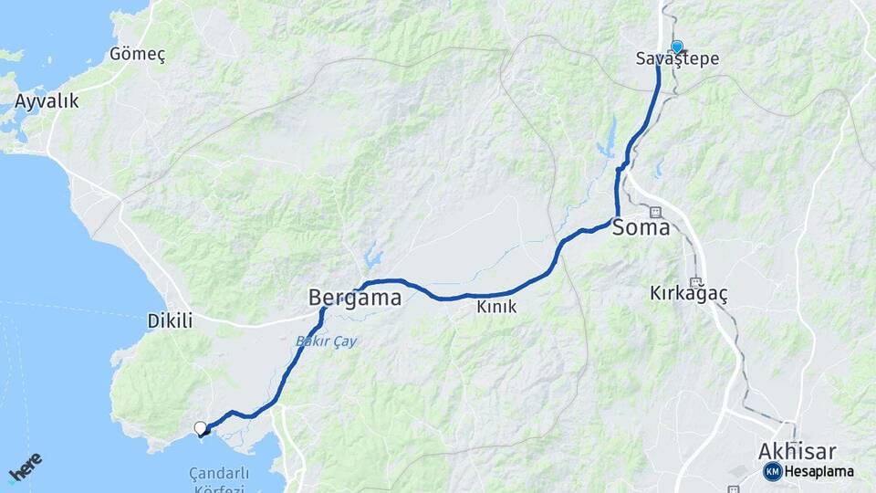Balıkesir Savaştepe Çandarlı Dikili İzmir Arası Kaç Km - Yol Haritası