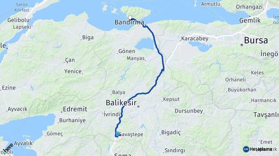 Balıkesir Savaştepe Erdek Arası Kaç Km - Yol Haritası