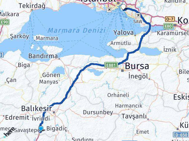 Balıkesir Savaştepe Göztepe Kadıköy İstanbul Arası Kaç Km - Yol Haritası
