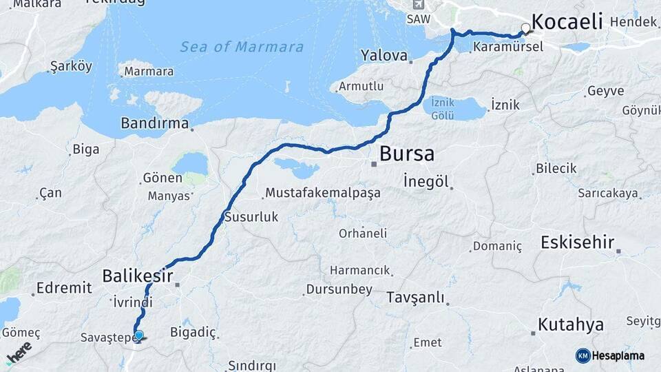 Balıkesir Savaştepe Kocaeli Arası Kaç Km - Yol Haritası