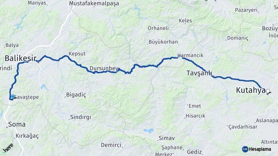 Balıkesir Savaştepe Kütahya Arası Kaç Km - Yol Haritası