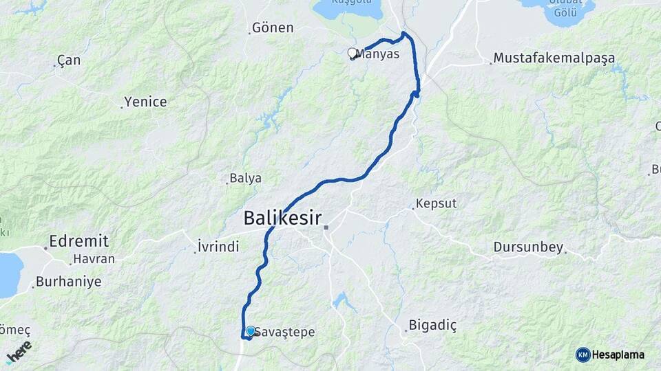 Balıkesir Savaştepe Manyas Arası Kaç Km - Yol Haritası