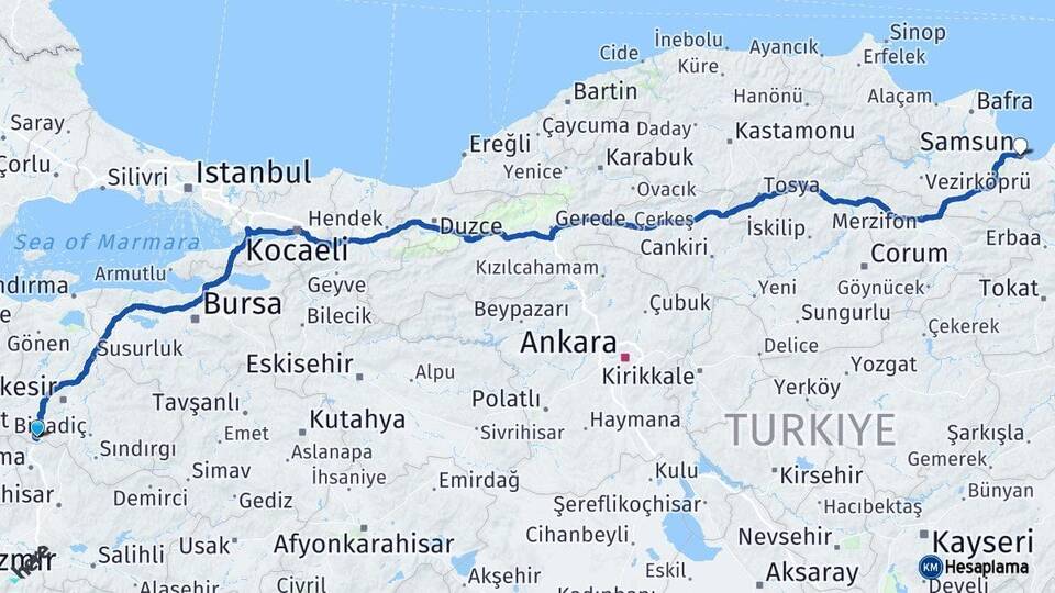 Balıkesir Savaştepe Samsun Arası Kaç Km - Yol Haritası