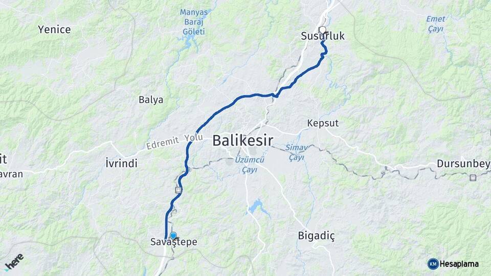 Balıkesir Savaştepe Susurluk Arası Kaç Km - Yol Haritası