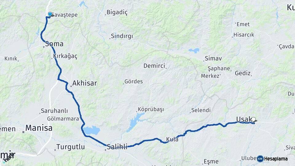Balıkesir Savaştepe Uşak Arası Kaç Km - Yol Haritası