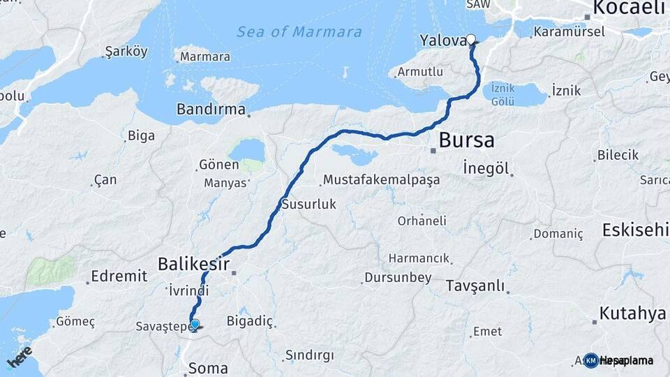 Balıkesir Savaştepe Yalova Arası Kaç Km - Yol Haritası