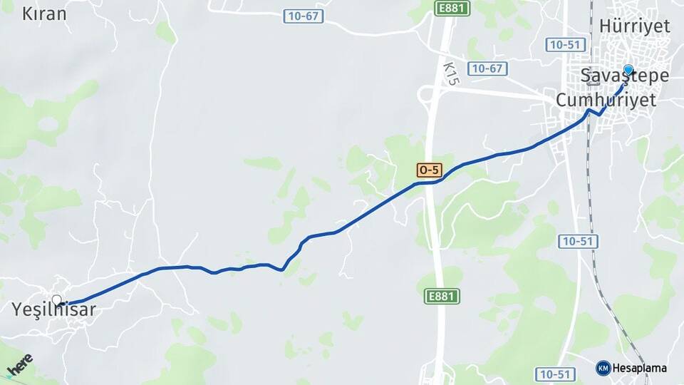 Balıkesir Savaştepe Yeşilhisar Savaştepe Arası Kaç Km - Yol Haritası