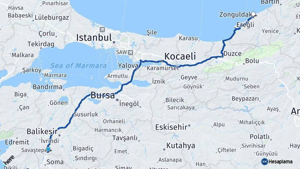 Balıkesir Savaştepe Zonguldak Arası Kaç Km - Yol Haritası