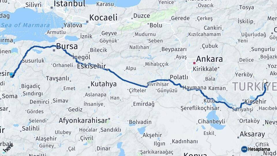 Balıkesir Şefaatli Yozgat Arası Kaç Km - Yol Haritası