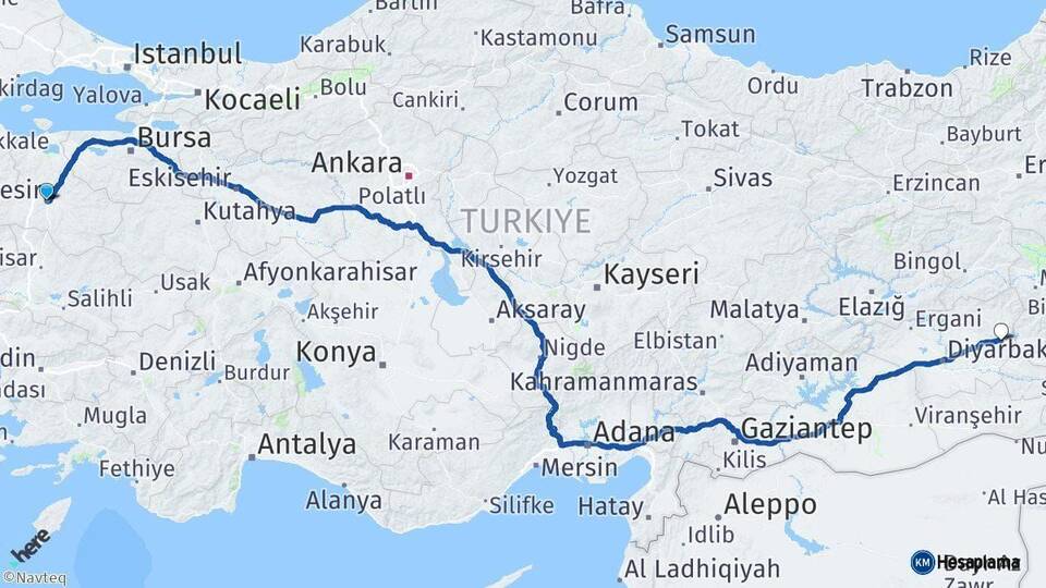 Balıkesir Silvan Diyarbakır Arası Kaç Km - Yol Haritası