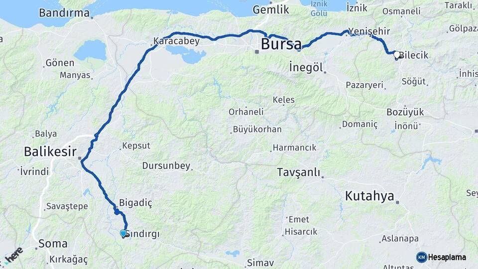 Balıkesir Sındırgı Bilecik Arası Kaç Km - Yol Haritası
