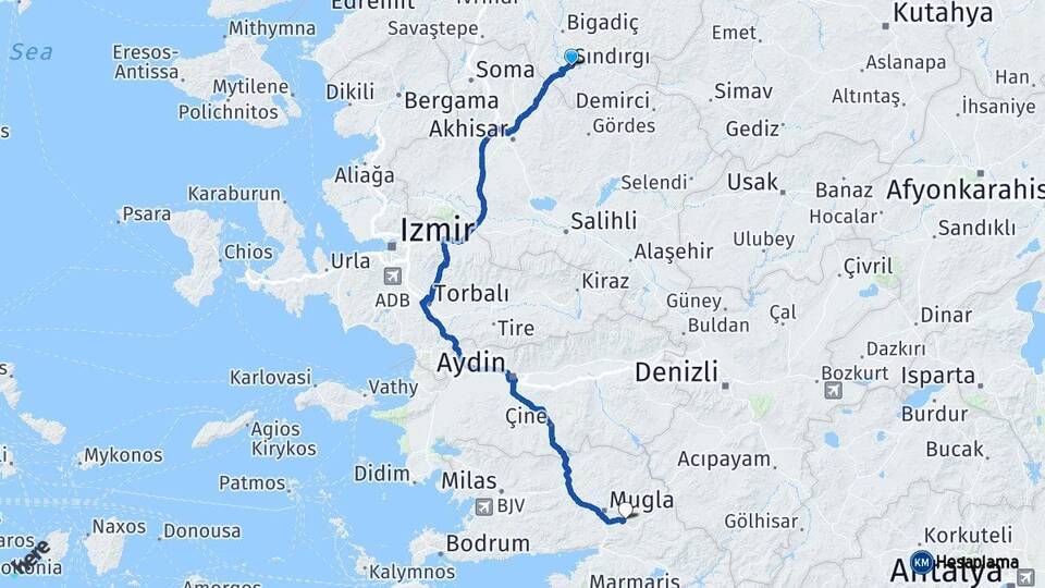Balıkesir Sındırgı Muğla Arası Kaç Km - Yol Haritası