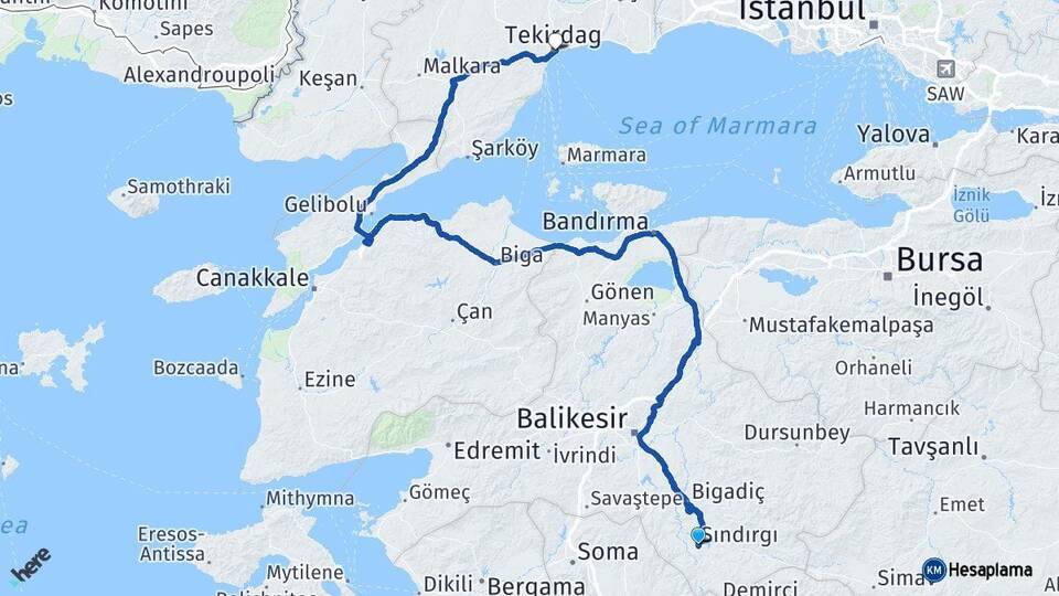 Balıkesir Sındırgı Tekirdağ Arası Kaç Km - Yol Haritası