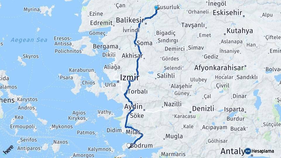 Balıkesir Susurluk Bodrum Muğla Arası Kaç Km - Yol Haritası