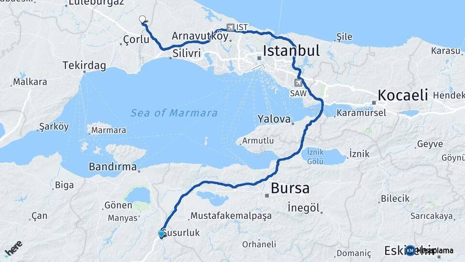 Balıkesir Susurluk Çerkezköy Tekirdağ Arası Kaç Km - Yol Haritası