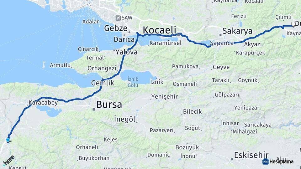 Balıkesir Susurluk Düzce Arası Kaç Km - Yol Haritası