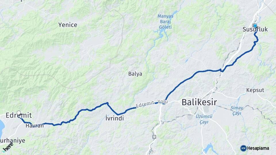Balıkesir Susurluk Edremit Arası Kaç Km - Yol Haritası