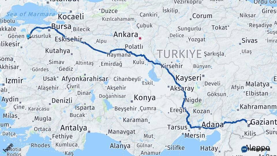 Balıkesir Susurluk Gaziantep Arası Kaç Km - Yol Haritası