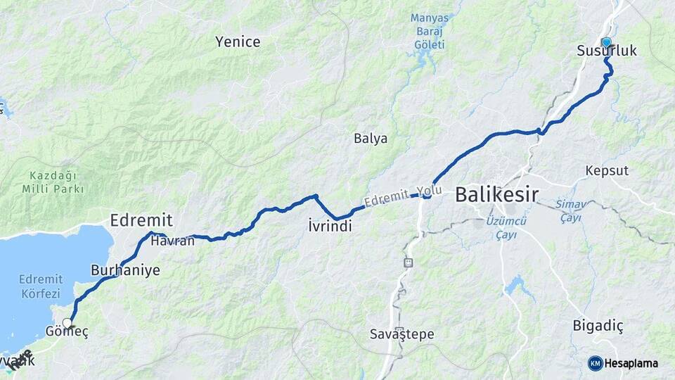 Balıkesir Susurluk Gömeç Arası Kaç Km - Yol Haritası