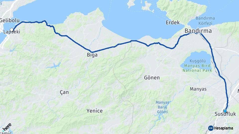 Balıkesir Susurluk Lapseki Çanakkale Arası Kaç Km - Yol Haritası