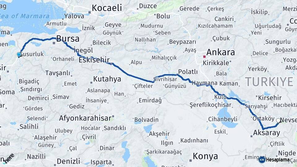 Balıkesir Susurluk Nevşehir Arası Kaç Km - Yol Haritası