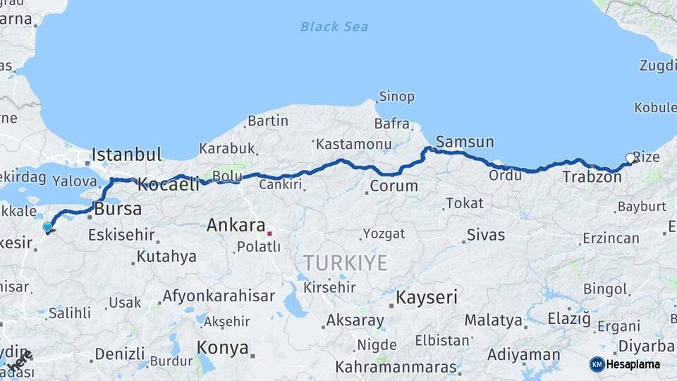 Balıkesir Susurluk Rize Arası Kaç Km - Yol Haritası