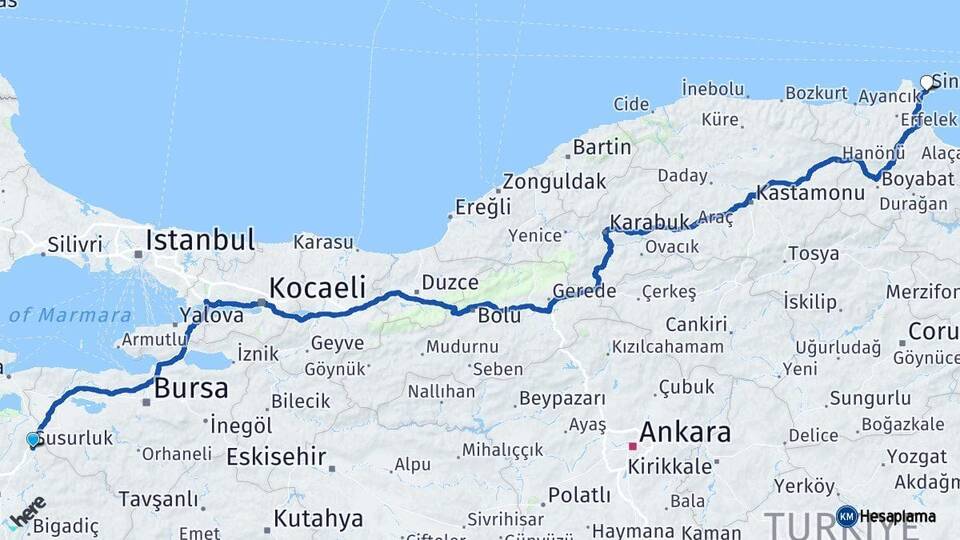 Balıkesir Susurluk Sinop Arası Kaç Km - Yol Haritası