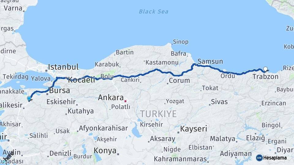 Balıkesir Susurluk Trabzon Arası Kaç Km - Yol Haritası