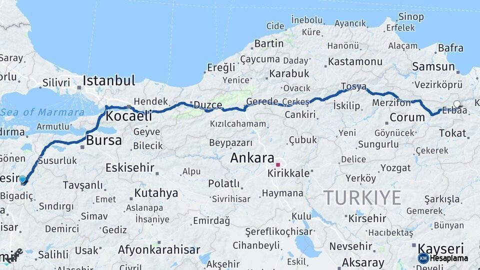 Balıkesir Taşova Amasya Arası Kaç Km - Yol Haritası