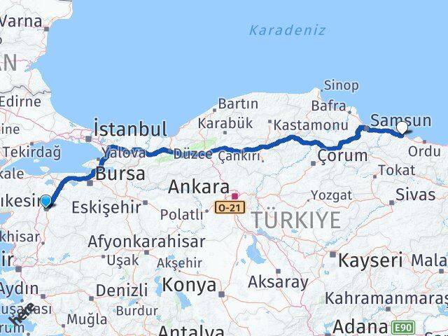 Balıkesir Ünye Ordu Arası Kaç Km - Yol Haritası