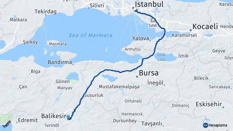 Balıkesir Üsküdar İstanbul Arası Kaç Km - Yol Haritası