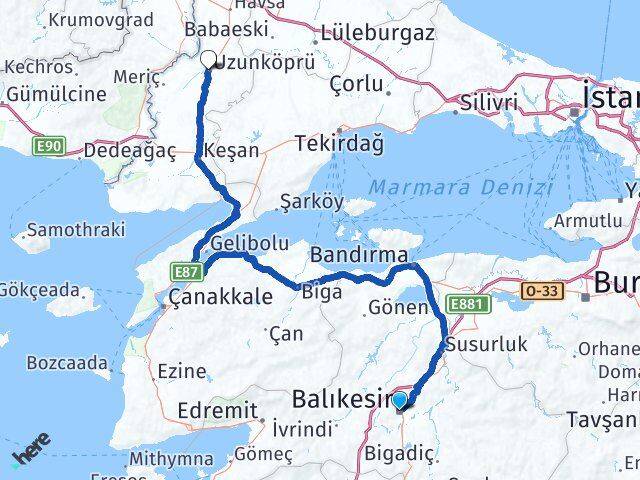 Balıkesir Uzunköprü Edirne Arası Kaç Km - Yol Haritası
