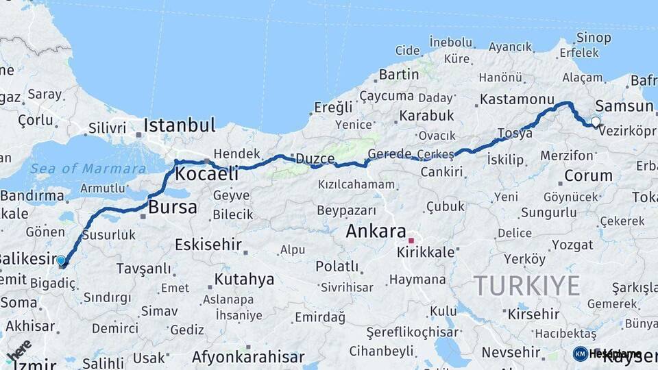 Balıkesir Vezirköprü Samsun Arası Kaç Km - Yol Haritası