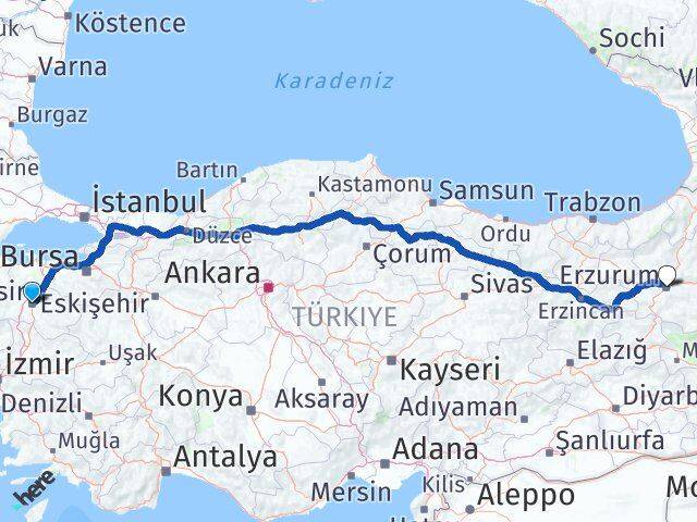 Balıkesir Yakutiye Erzurum Arası Kaç Km - Yol Haritası