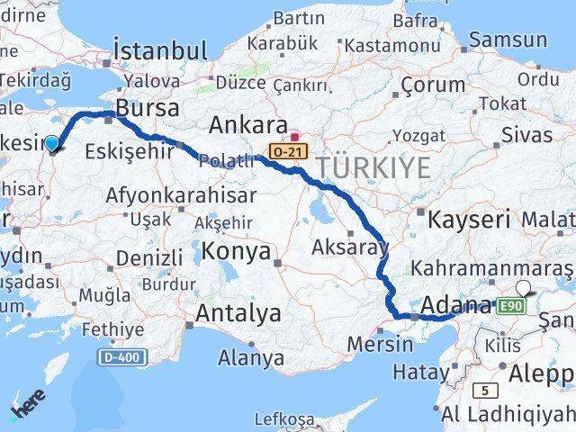 Balıkesir Yavuzeli Gaziantep Arası Kaç Km - Yol Haritası