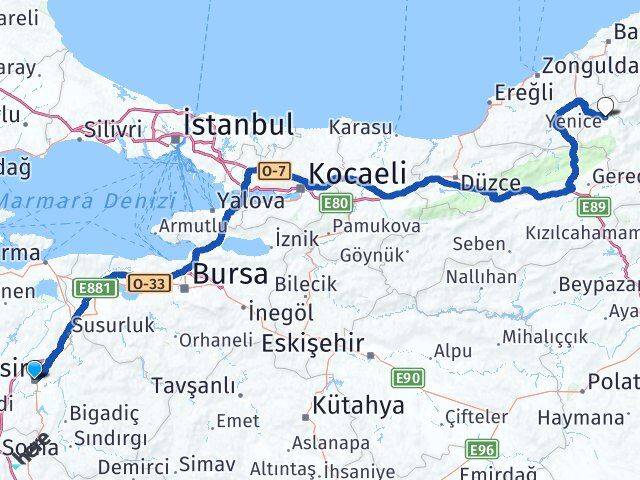 Balıkesir Yenice Karabük Arası Kaç Km - Yol Haritası