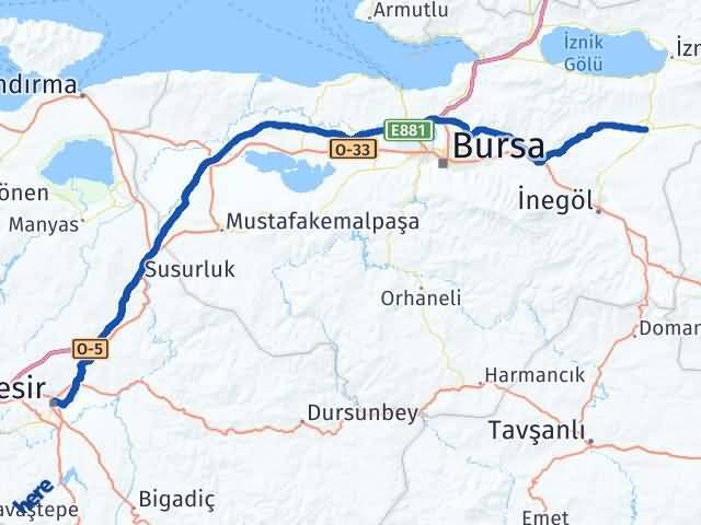 Balıkesir Yenişehir Bursa Arası Kaç Km - Yol Haritası