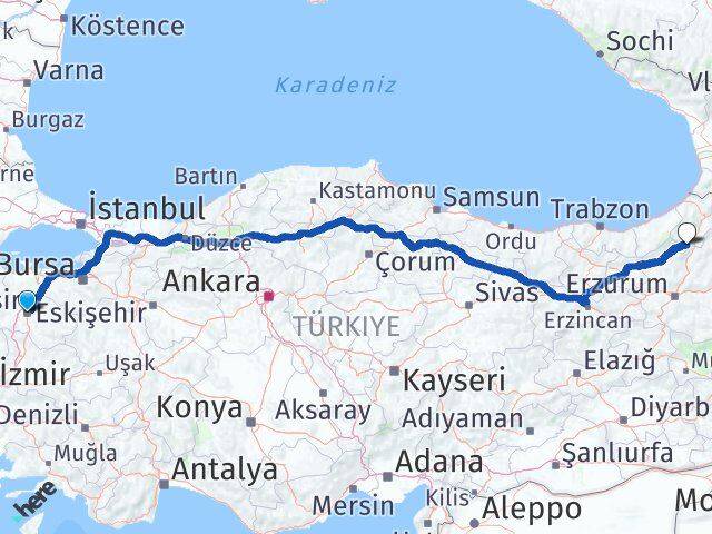 Balıkesir Yusufeli Artvin Arası Kaç Km - Yol Haritası