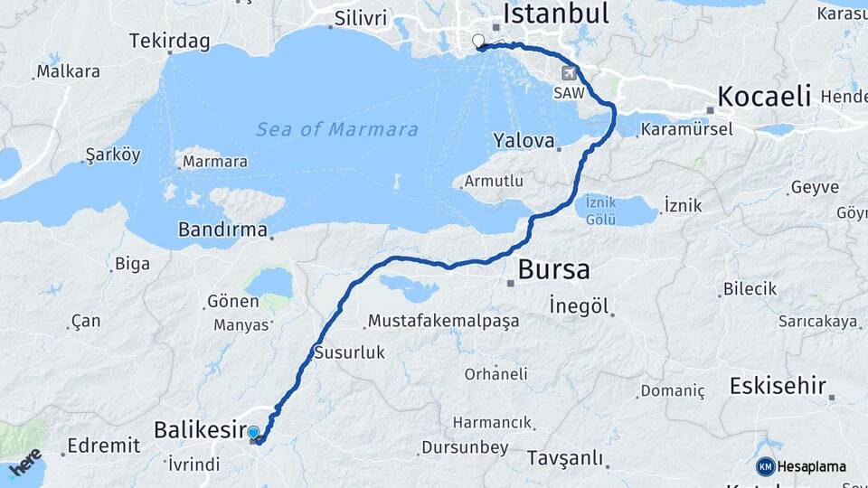 Balıkesir Zeytinburnu İstanbul Arası Kaç Km - Yol Haritası