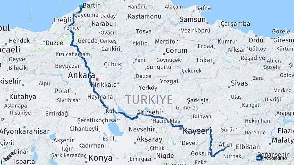 Bartın Afşin Kahramanmaraş Arası Kaç Km - Yol Haritası