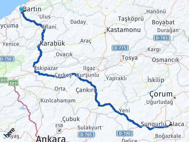 Bartın Alaca Çorum Arası Kaç Km - Yol Haritası