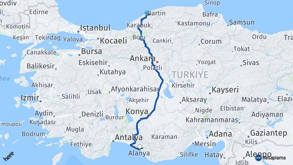 Bartın Alanya Antalya Arası Kaç Km - Yol Haritası