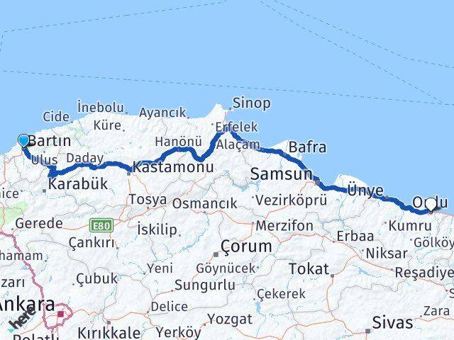 Bartın Altınordu Arası Kaç Km - Yol Haritası