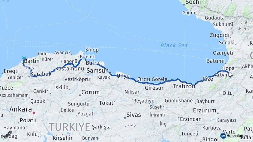 Bartın Amasra Artvin Arası Kaç Km - Yol Haritası