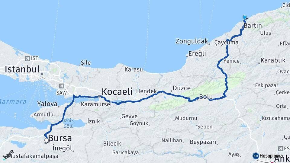 Bartın Amasra Bursa Arası Kaç Km - Yol Haritası